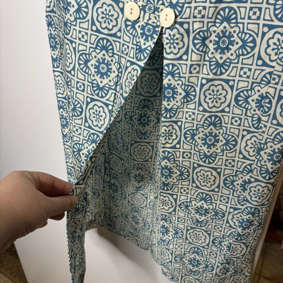 VTG Passports Pier 1 Imports Small Button Front Midi Skirt Blue Cream Geometric - Picture 5 of 8